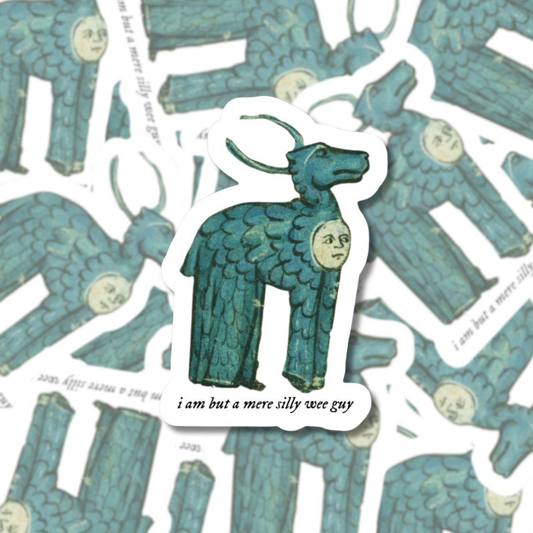 Die-cut matte vinyl sticker featuring a blue, anthropomorphic creature with a human face in its chest, inspired by medieval marginalia