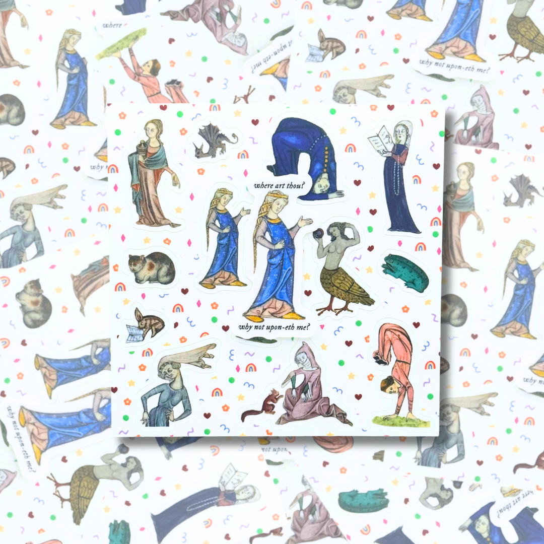 Sticker sheet featuring colorful medieval characters, including figures in robes, frogs, cats, rainbows, hearts, and humorous phrases like 'where art thou!' and 'why not upon-eth me?