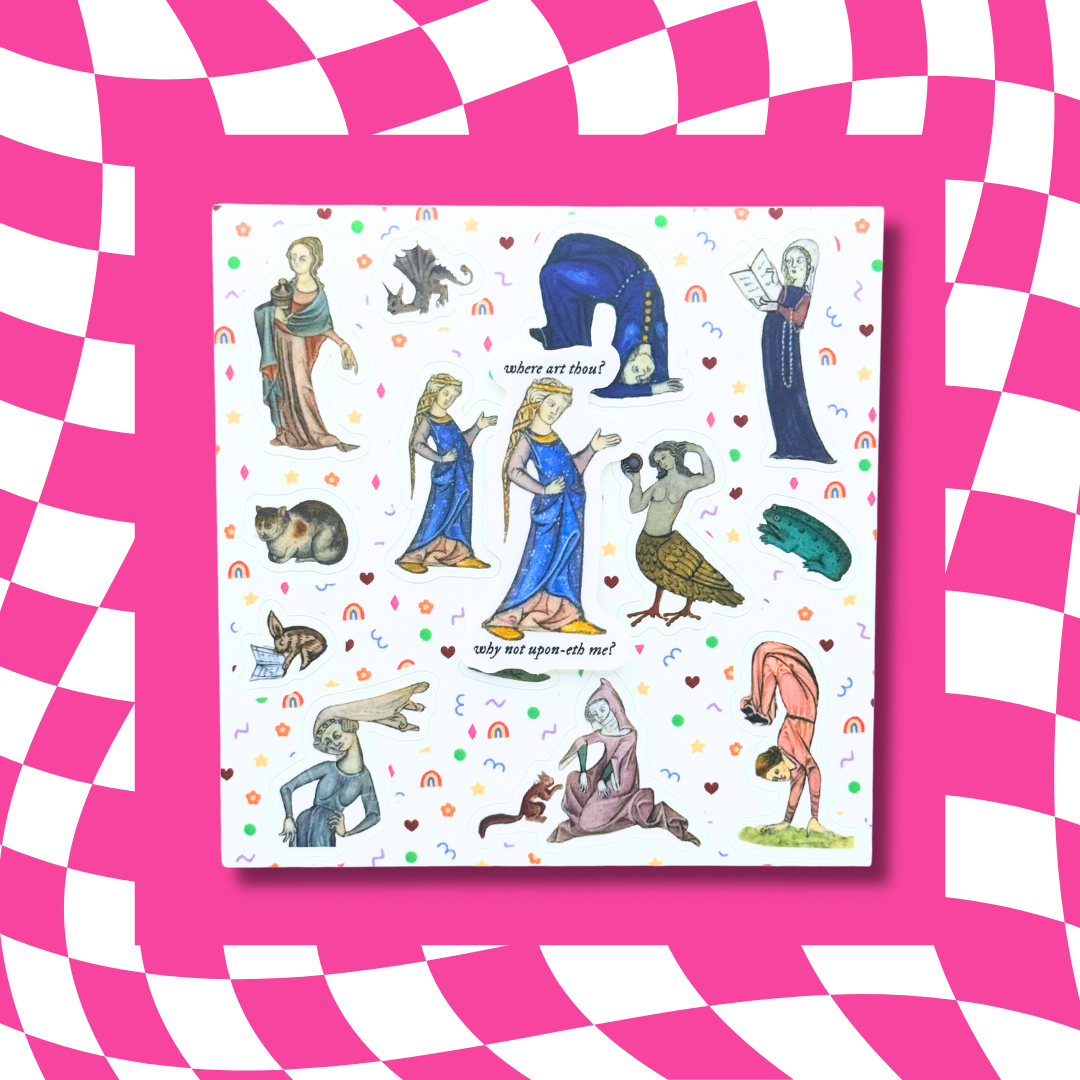 Sticker sheet featuring colorful medieval characters, including figures in robes, frogs, cats, rainbows, hearts, and humorous phrases like 'where art thou!' and 'why not upon-eth me?