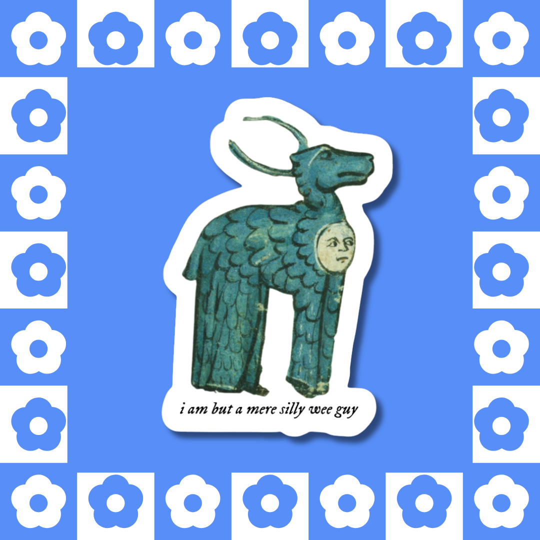 Die-cut matte vinyl sticker featuring a blue, anthropomorphic creature with a human face in its chest, inspired by medieval marginalia