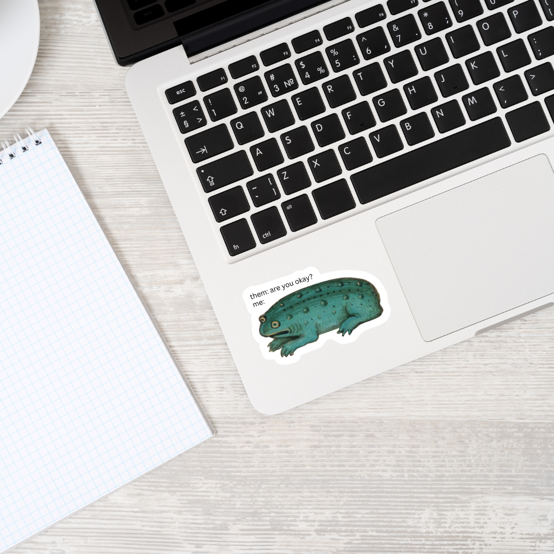 Frog sticker displayed on a laptop, showcasing its unique medieval-inspired design
