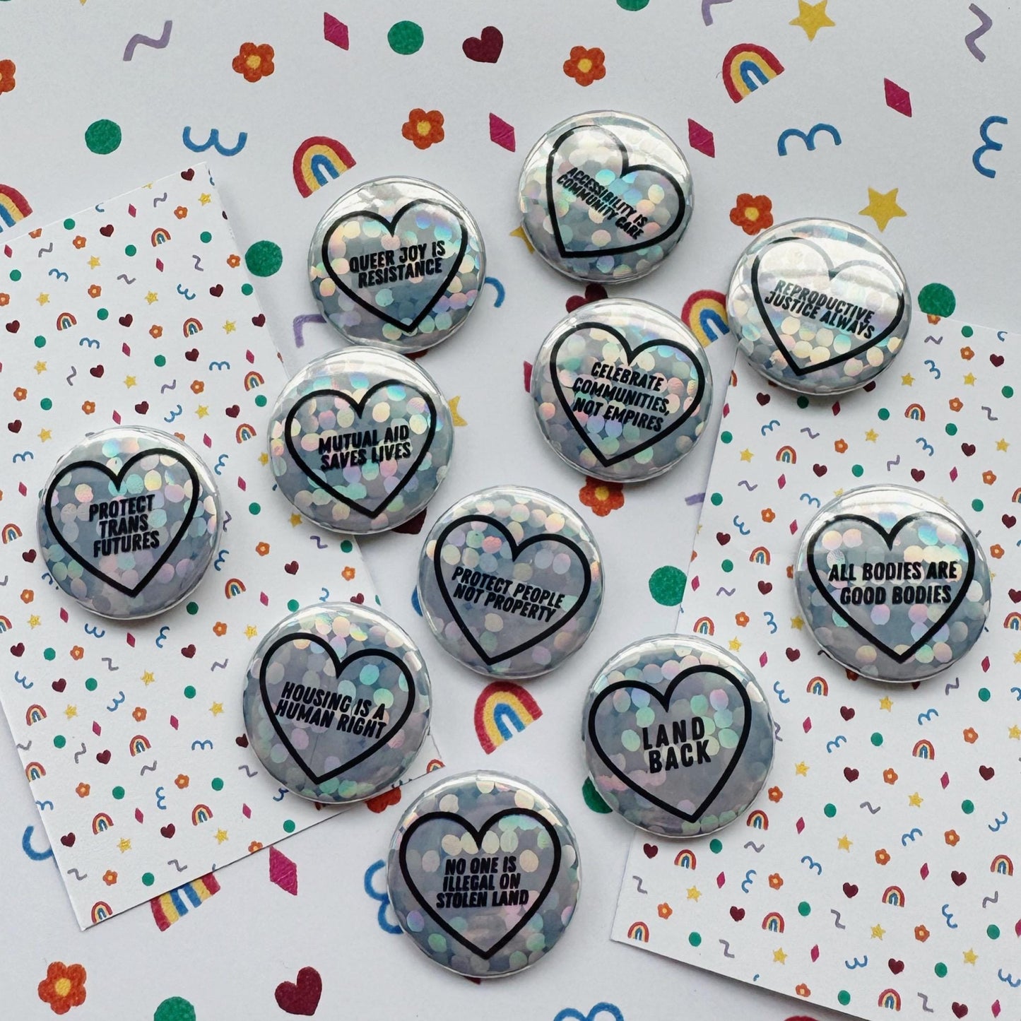 Social Justice Heart Button Badges – Glitter Holographic Activist Pins (1")