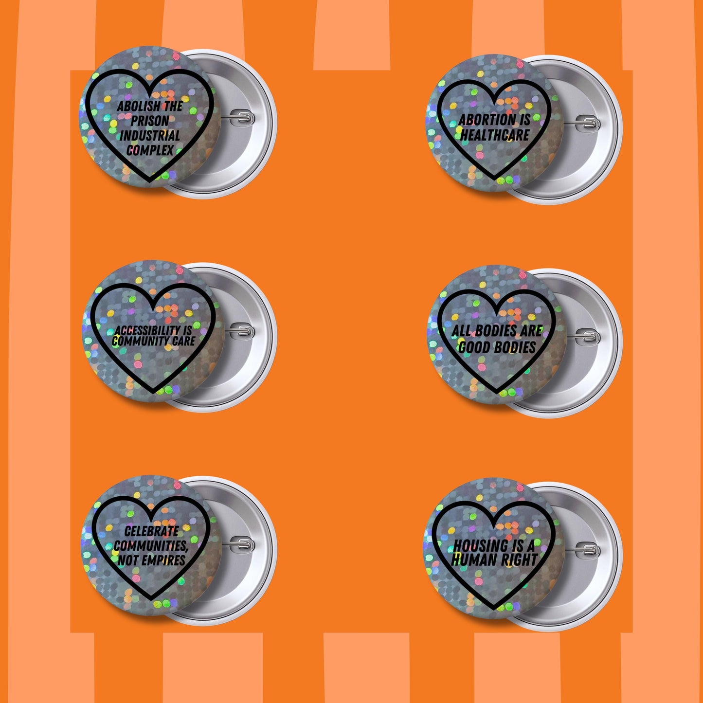 Social Justice Heart Button Badges – Glitter Holographic Activist Pins (1")