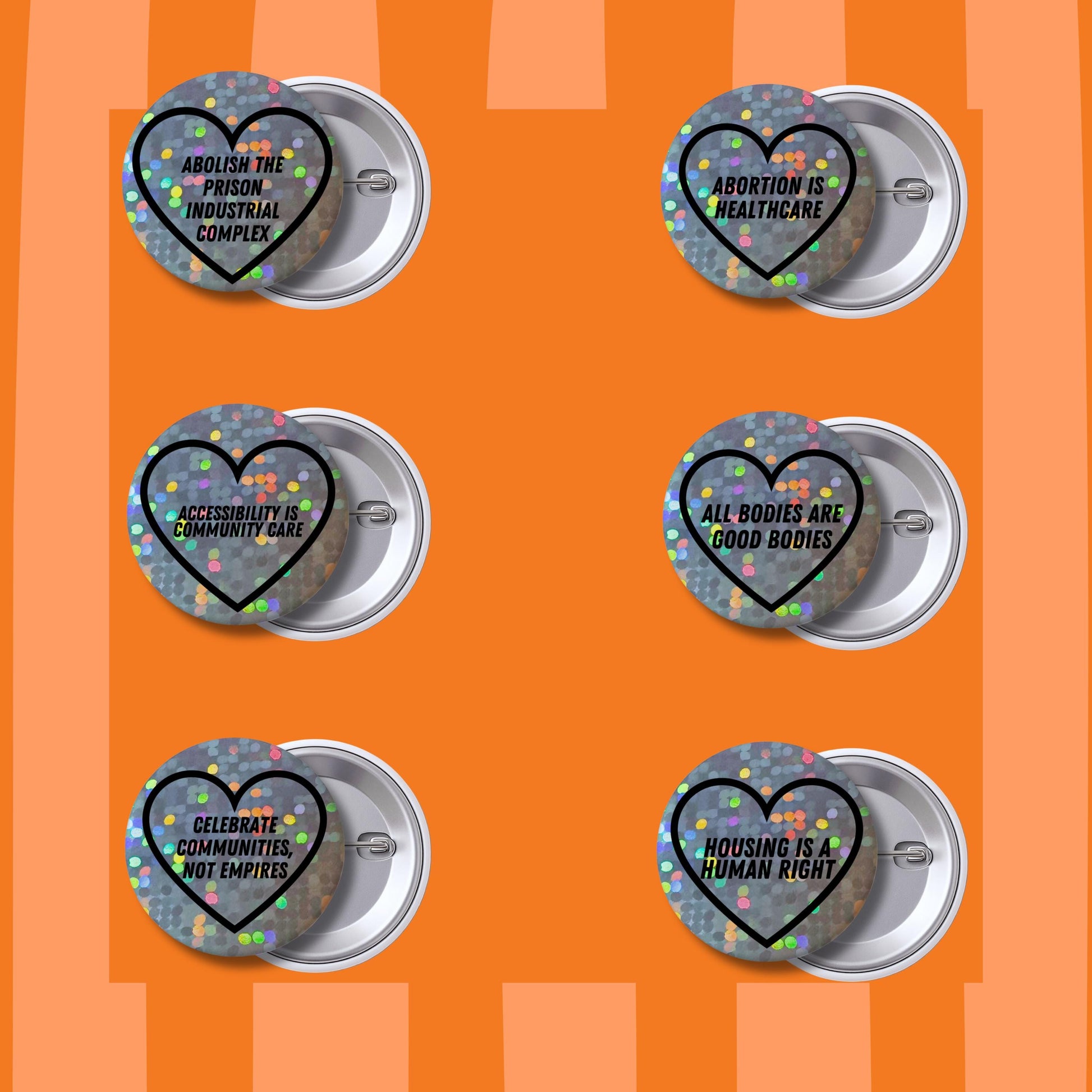 Social Justice Heart Button Badges – Glitter Holographic Activist Pins (1")