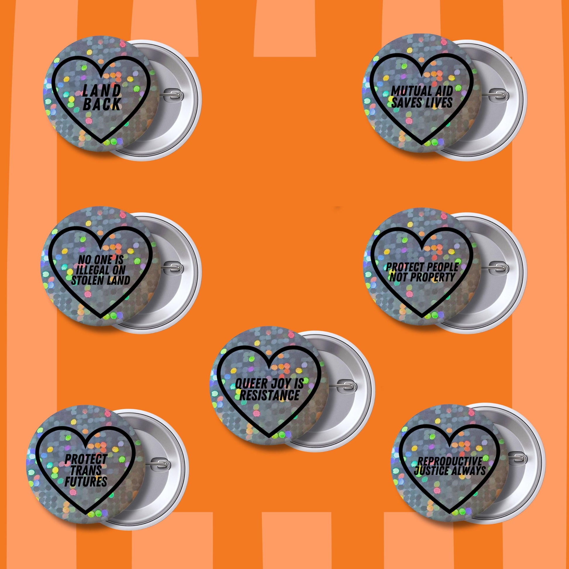 Social Justice Heart Button Badges – Glitter Holographic Activist Pins (1")