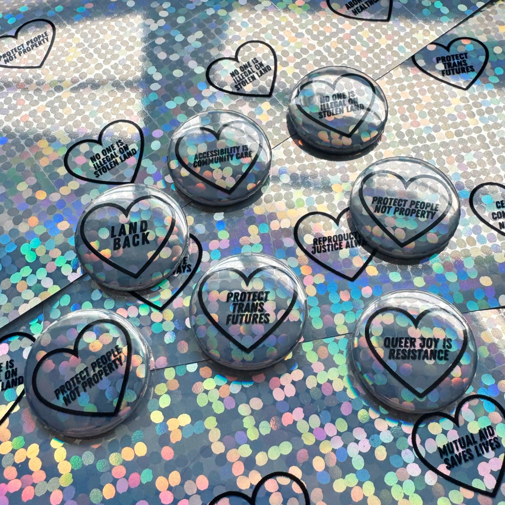 Social Justice Heart Button Badges – Glitter Holographic Activist Pins (1")