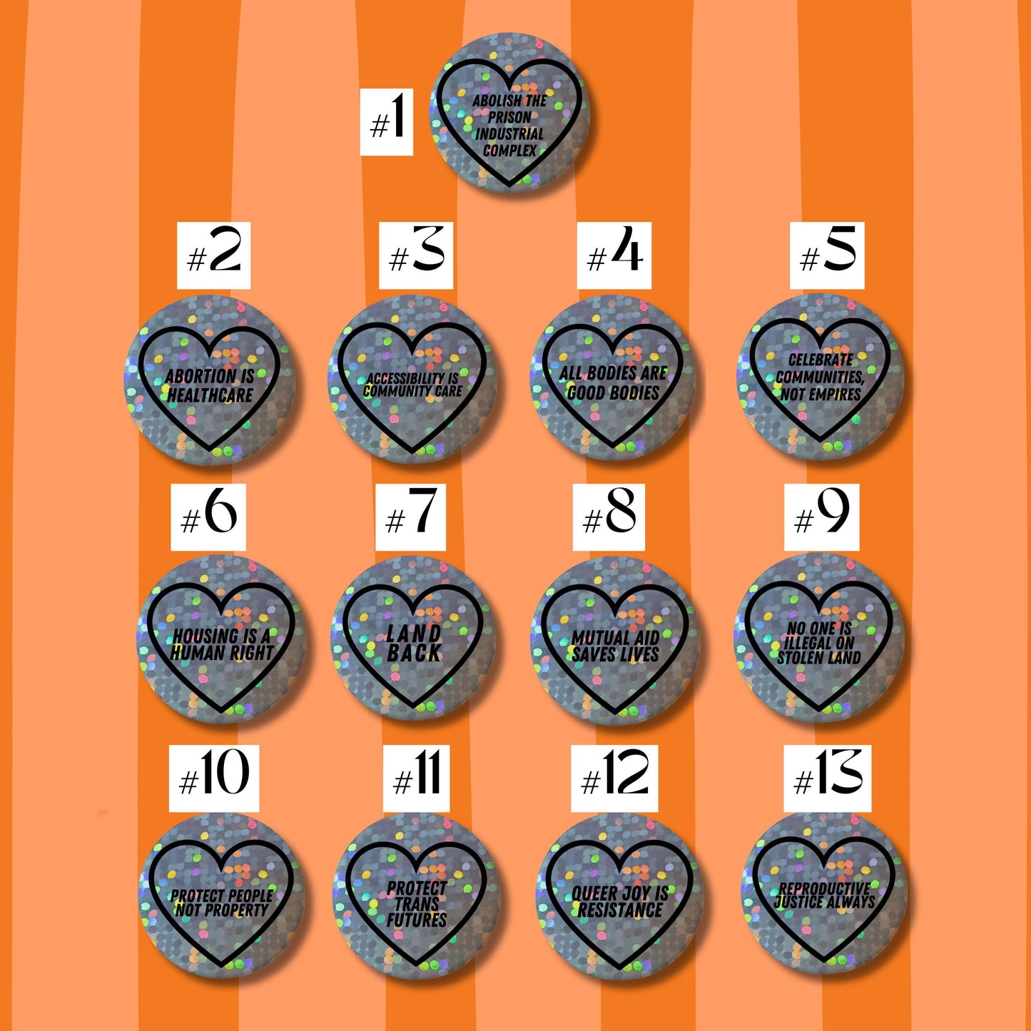 Social Justice Heart Button Badges – Glitter Holographic Activist Pins (1")