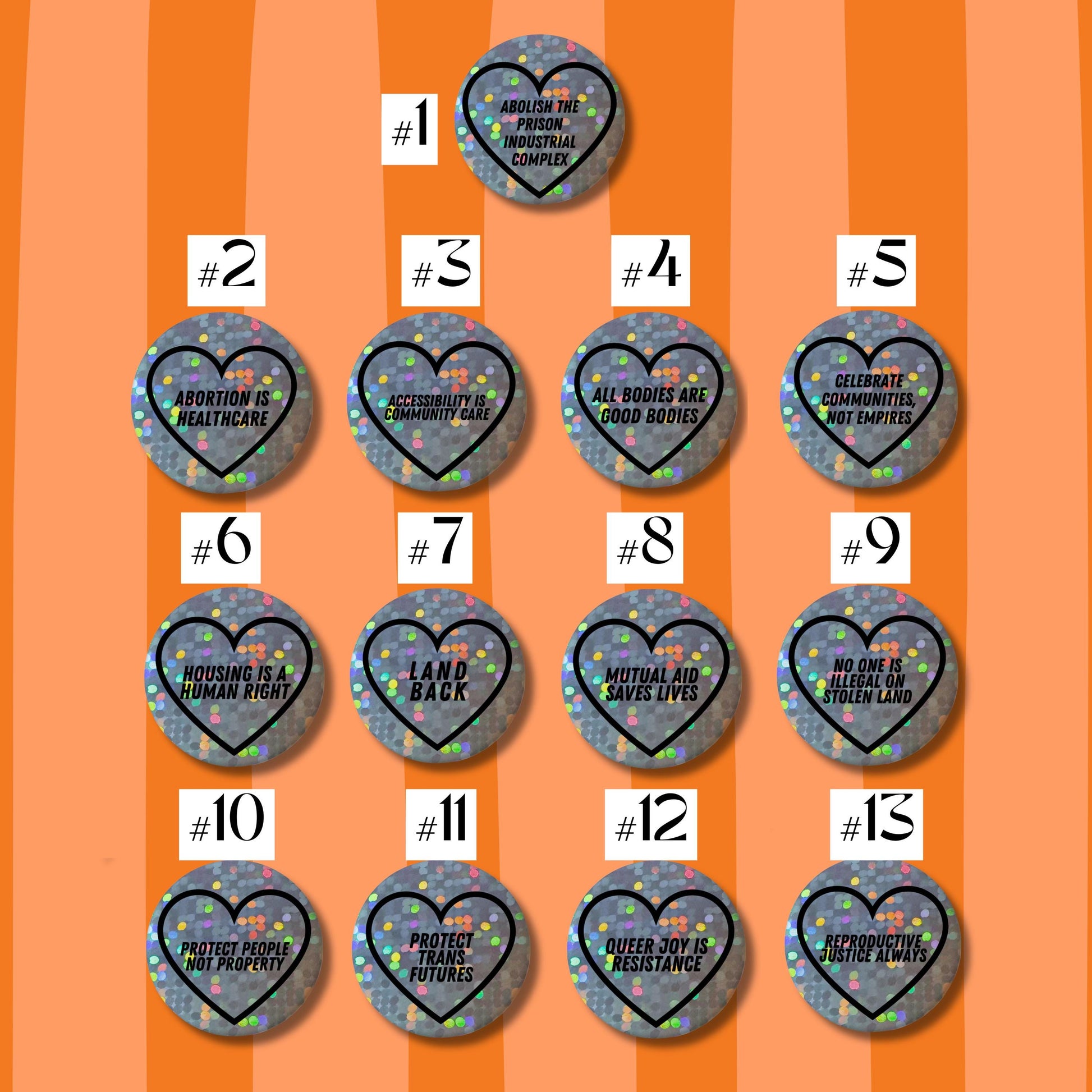 Social Justice Heart Button Badges – Glitter Holographic Activist Pins (1")
