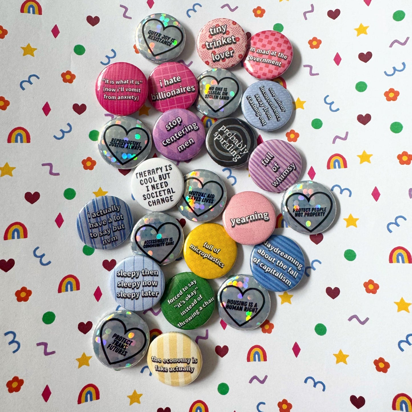 Social Justice Heart Button Badges – Glitter Holographic Activist Pins (1")